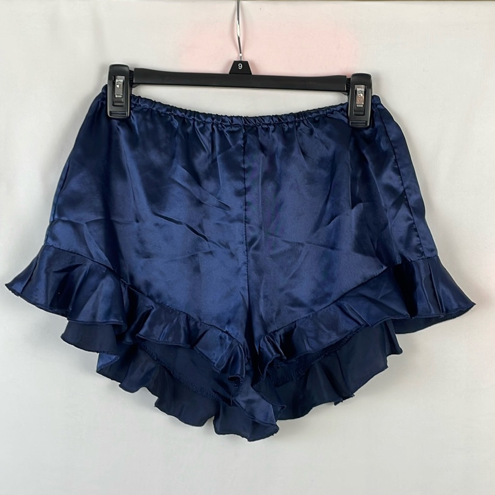 Lulus Blue Satin Ruffle Pajama Shorts with Elastic Waist - Size Small